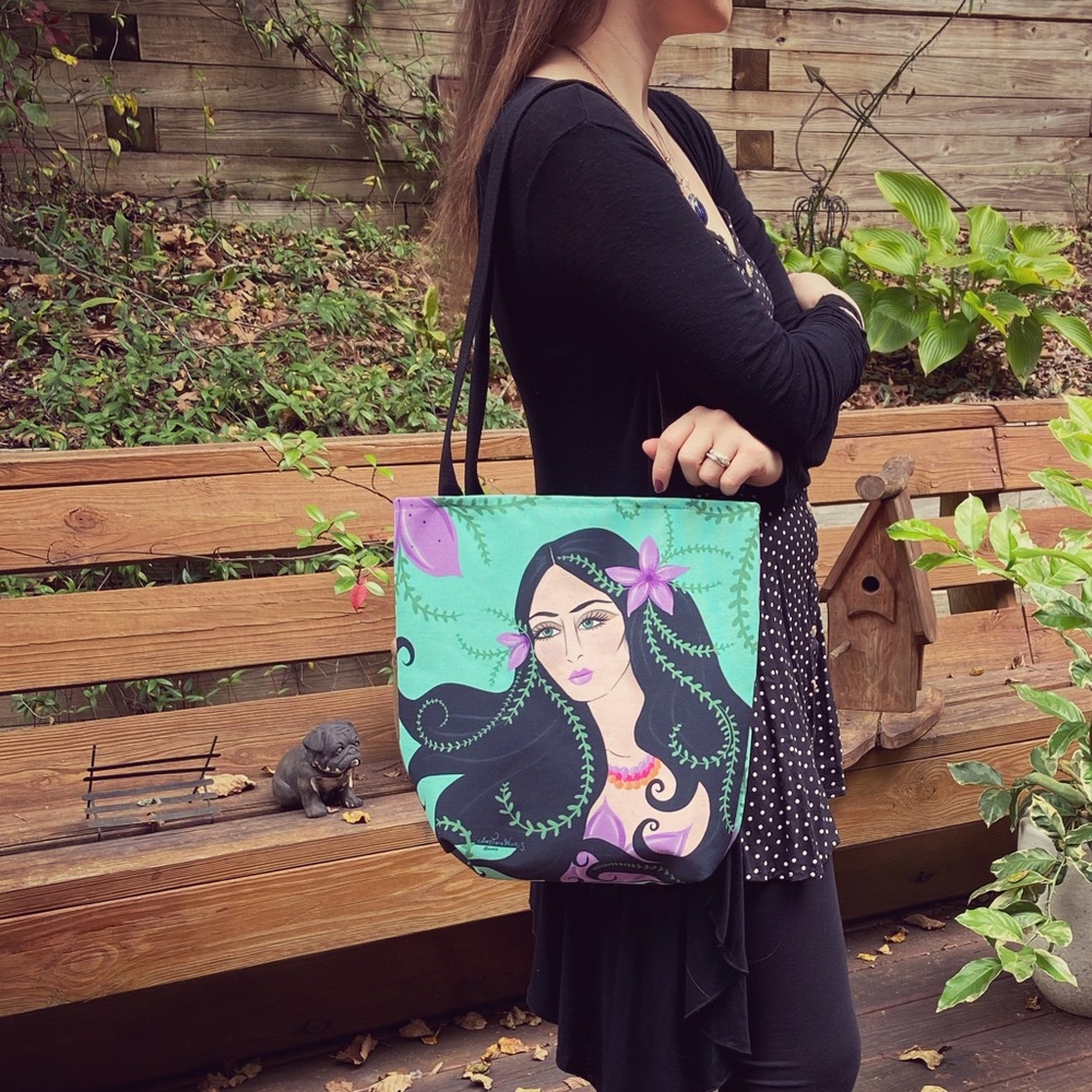 Artisan design Garden Goddess tote bag purse with lady and nature